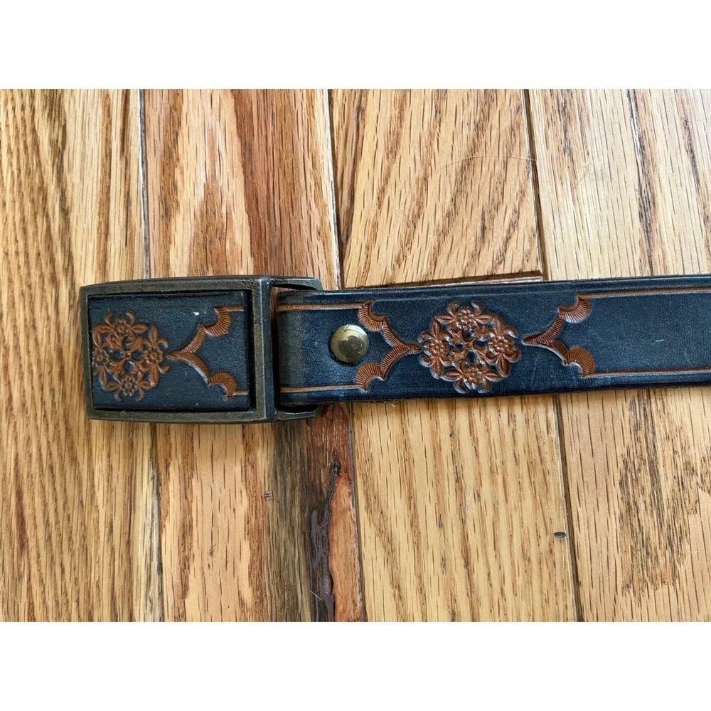 Steve Haymaker Vintage 70s Tooled Leather Belt Blue Floral Western Boho 35in